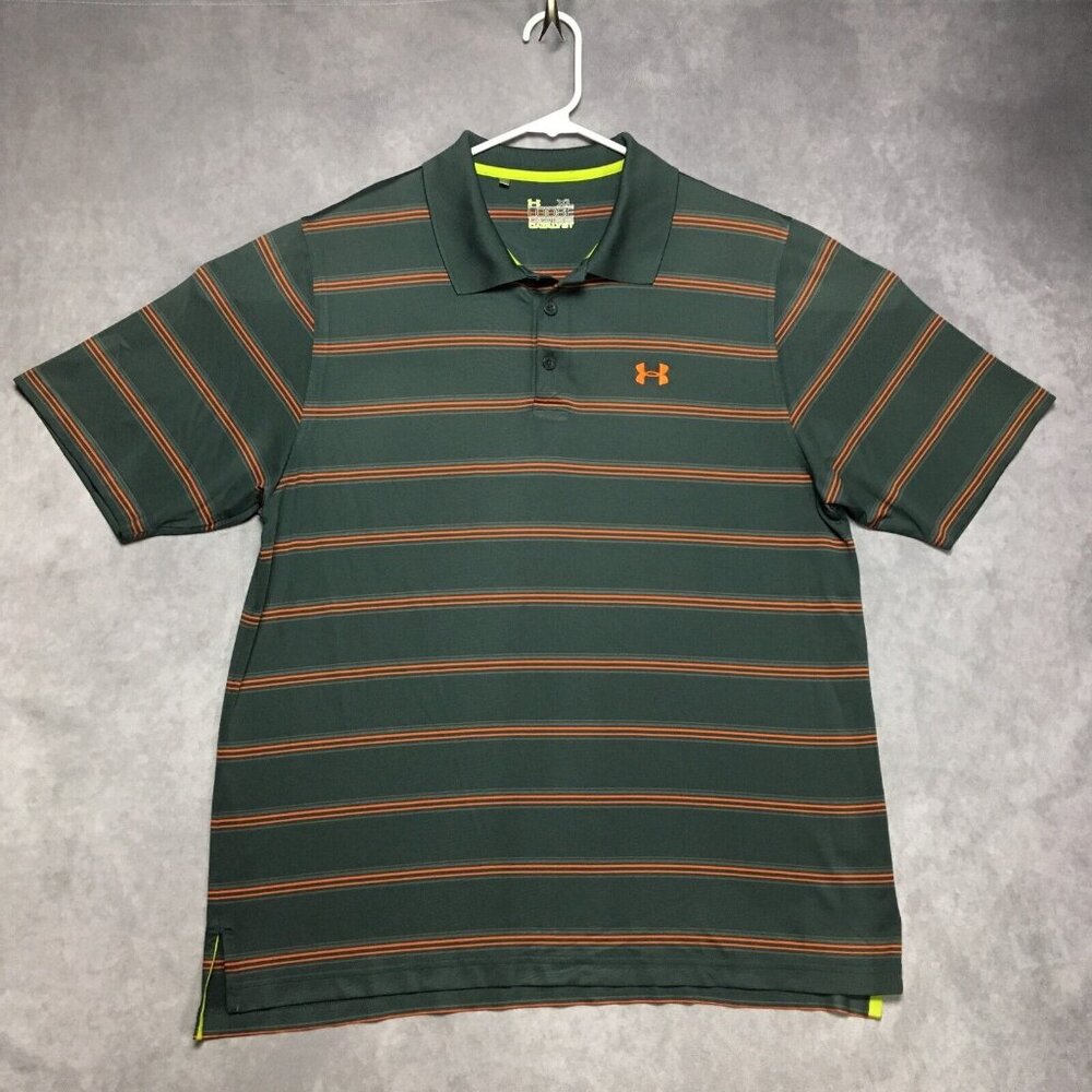 Under Armour Mens Golf Polo Shirt size XL Loose Gray Orange Stripe Heatgear Flex